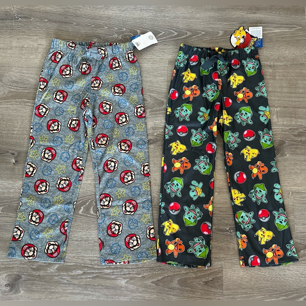 Pokemon & Super Mario Kids Flannel Pajama Bottoms Size S (6/7) New